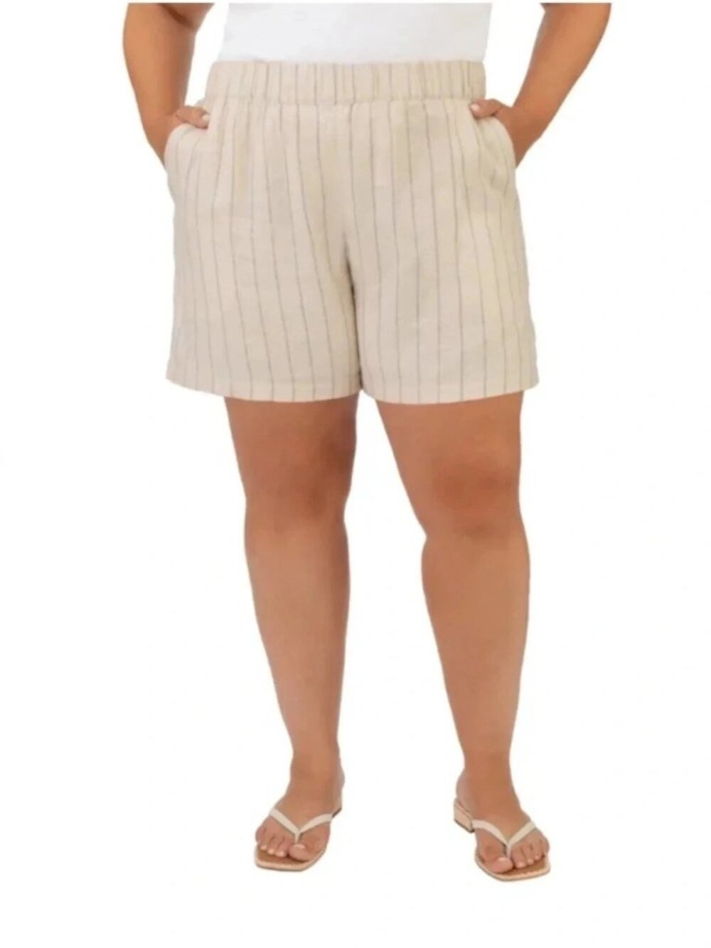 BlankNYC Womens Striped Beige Linen Blend Shorts XS Elastic Waistband